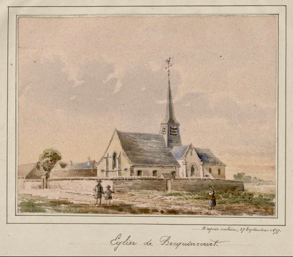 Église de Becquincourt. - [Aquarelle d'Oswald Macqueron], d'après nature, 27 septembre 1877.