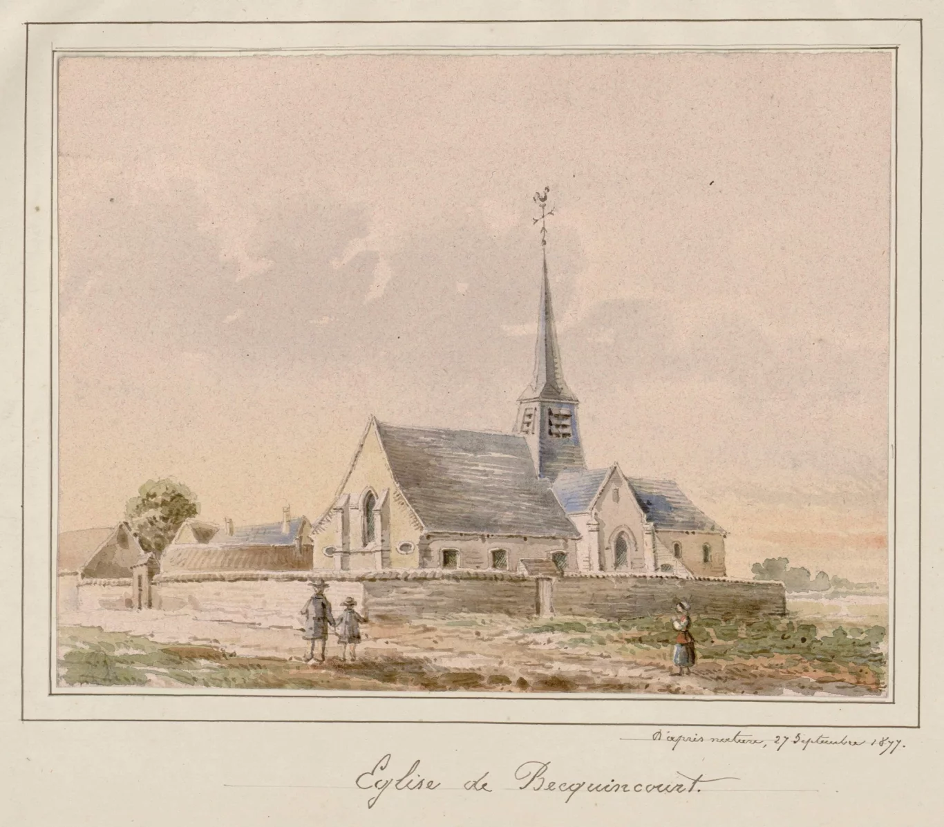 Acuarela de la antigua iglesia de Becquincourt fechada en 1877