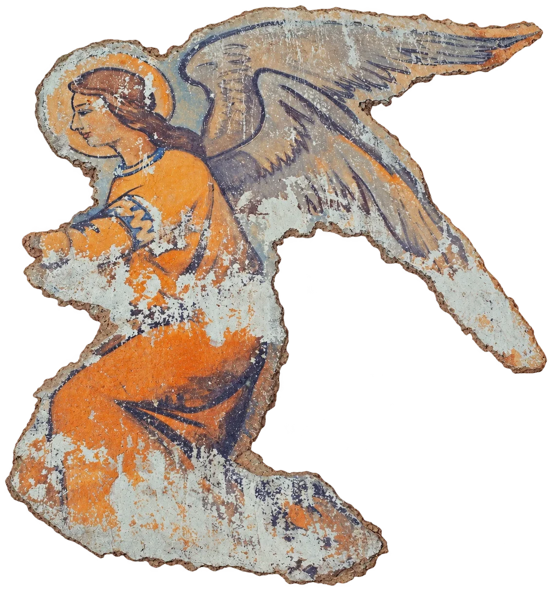 Fragmento de pintura mural: un ángel arrodillado con las alas desplegadas, en parte desconchado