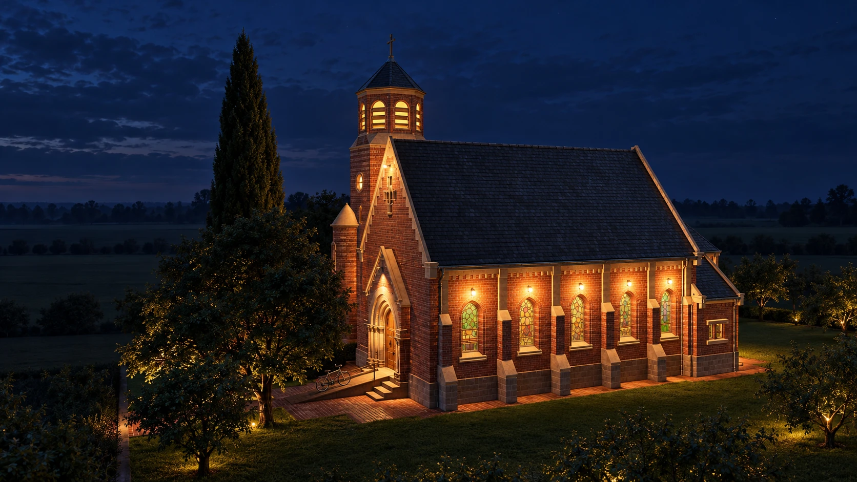 La iglesia de noche, entre campos y huertos · recreación del proyecto
