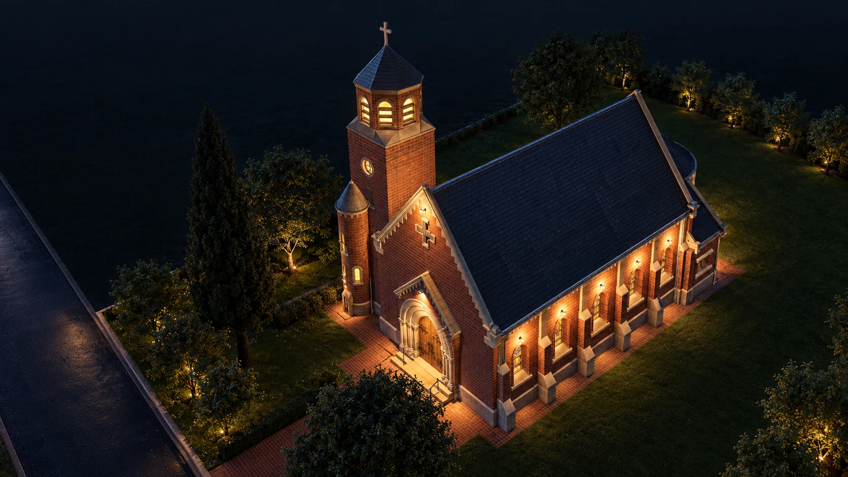 La iglesia de noche, vista desde el cielo · recreación del proyecto