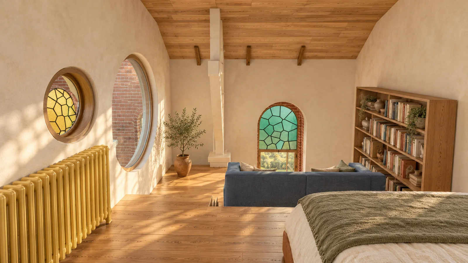 Le coin bibliothèque de la suite, canapé et vue sur le jardin
