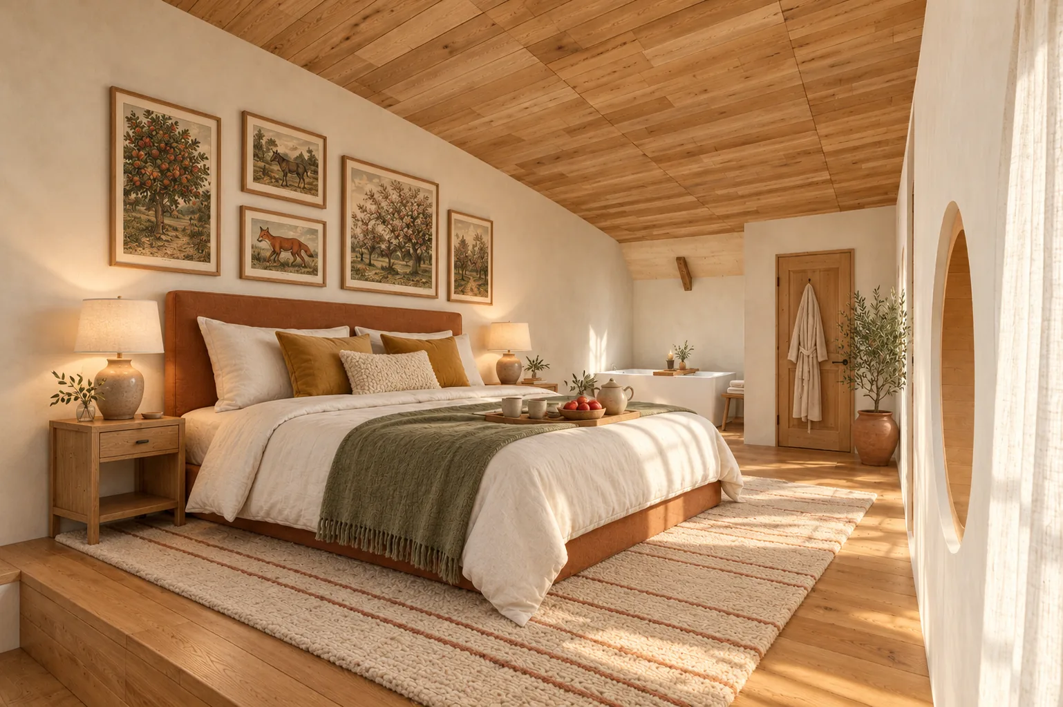 La chambre en suite : lit king size et baignoire balnéo · rendu du futur gîte