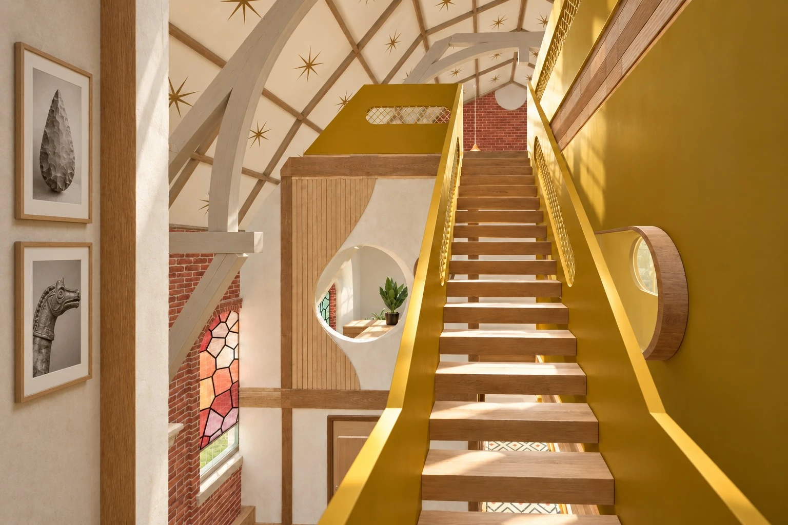 L’escalier jaune montant sous la charpente, rendu du futur gîte