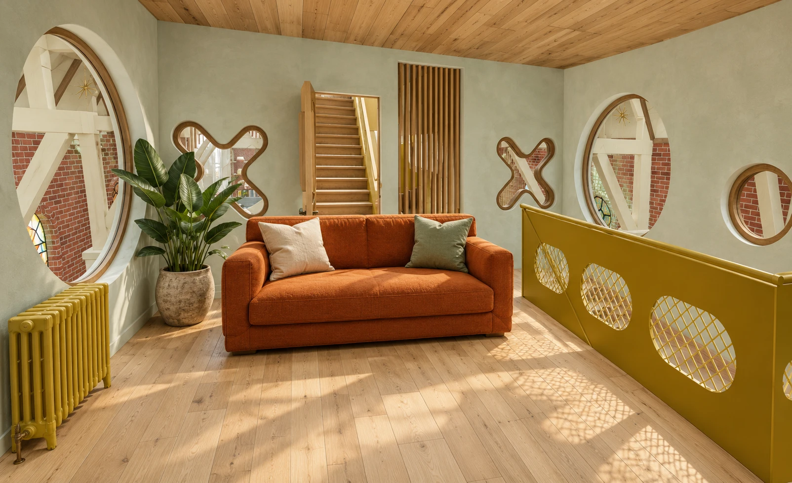 Le salon du premier étage et ses fenêtres en croix · rendu du futur gîte