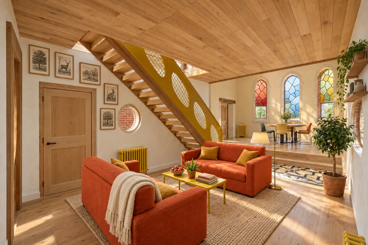 Salon aux canapés orange sous la charpente de bois : rendu du futur gîte