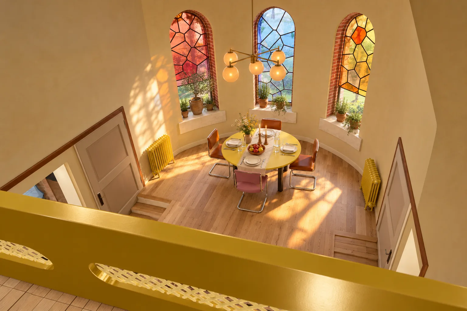 La table ronde sous les trois vitraux · rendu du futur gîte