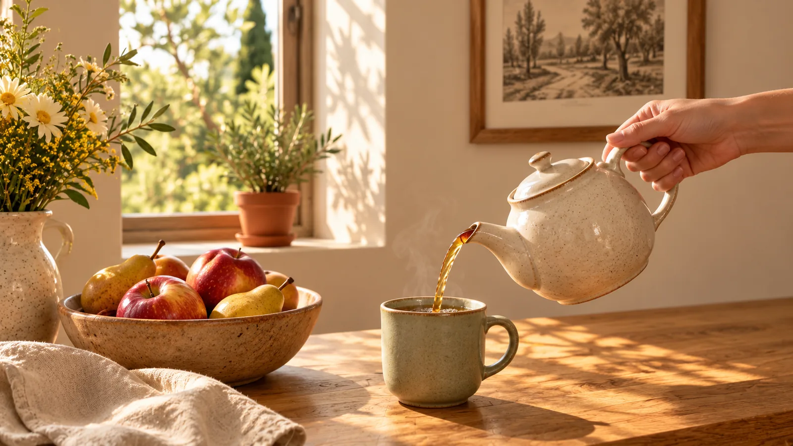 Le thé du matin, pommes et poires sur la table en chêne