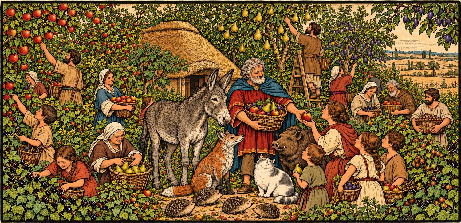 Plük reparte manzanas y peras a los aldeanos bajo los árboles de su huerto, rodeado de sus animales