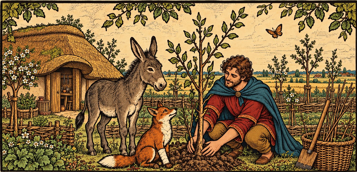 Plük, joven, planta árboles en su huerto, con su burro y Mélo, el zorro de la pata vendada