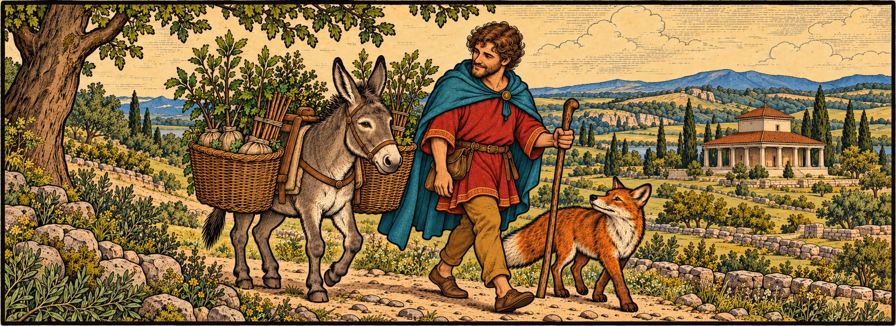 Plük camina por un camino rural con Mélo el zorro y su burro cargado de cestos de injertos y plantones